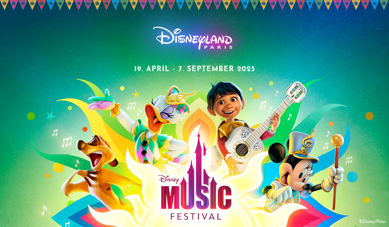 Promobild des Disneyland Paris Musikfestivals 2025 mit fröhlichen Disney-Figuren und Instrumenten.